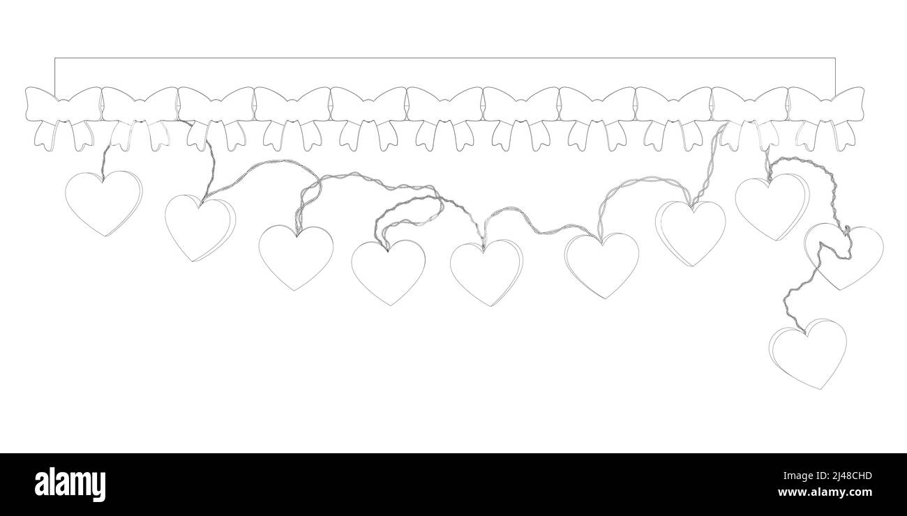 Shelf with bows and hearts hung out in a row of black lines isolated on a white background. Vector illustration. Stock Vector