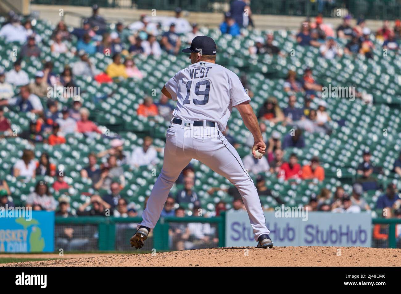 Detroit MI, USA. 12th Apr, 2022. Detroit pitcher Will Vest (19) throws a  pitch during the game with Boston Red Sox and Detroit Tigers held at  Comercia Park in Detroit Mi. David
