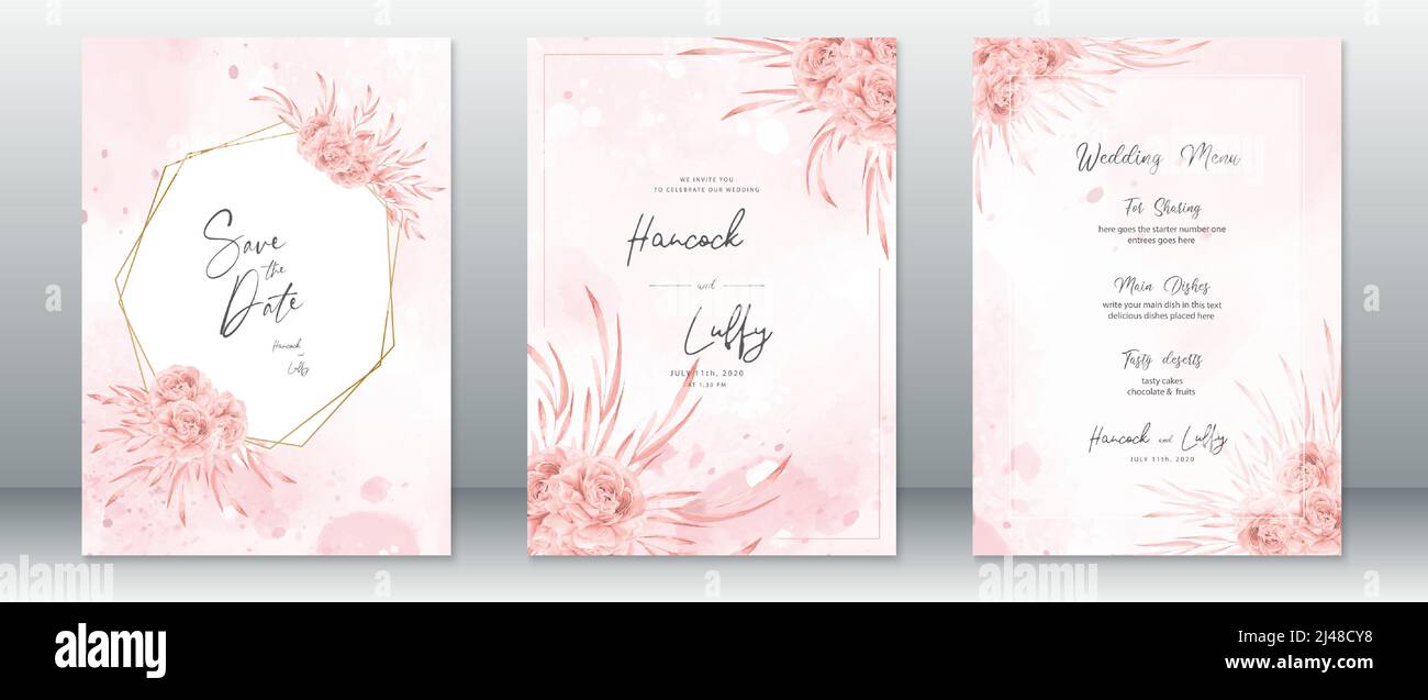 Wedding invitation card template elegant of pink watercolor background ...
