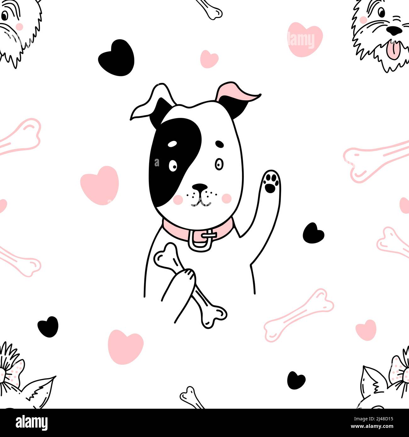 Cute seamless pattern with pets. Funny dog with bone in its paw and ...
