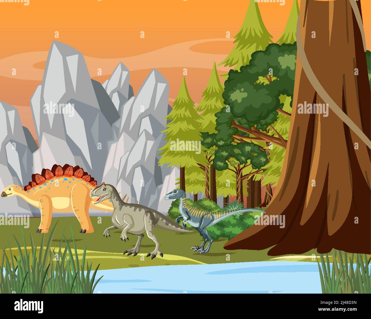 Scene with dinosaurs in the forest illustration Stock Vector Image ...