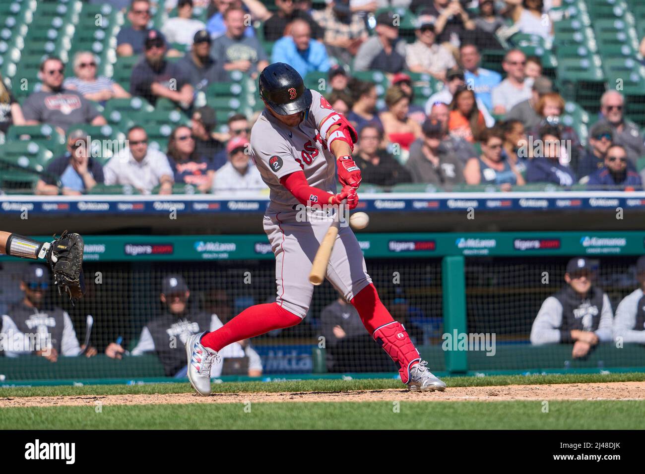Detroit MI, USA. 12th Apr, 2022. Boston center fielder Enrique Hernandez  (5) gets a hit during the game with Boston Red Sox and Detroit Tigers held  at Comercia Park in Detroit Mi.