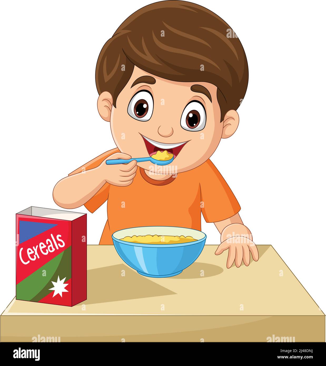 Cartoon little boy having breakfast cereals Stock Vector