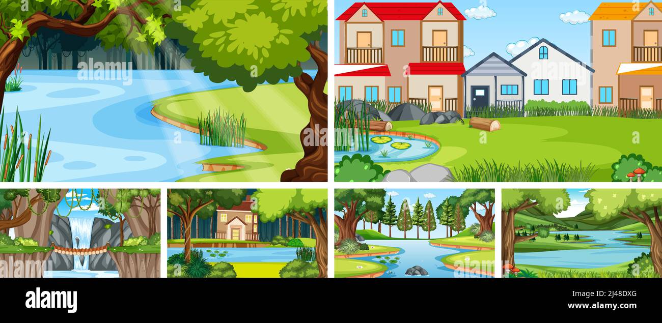 Nature scene with many trees and river illustration Stock Vector Image ...