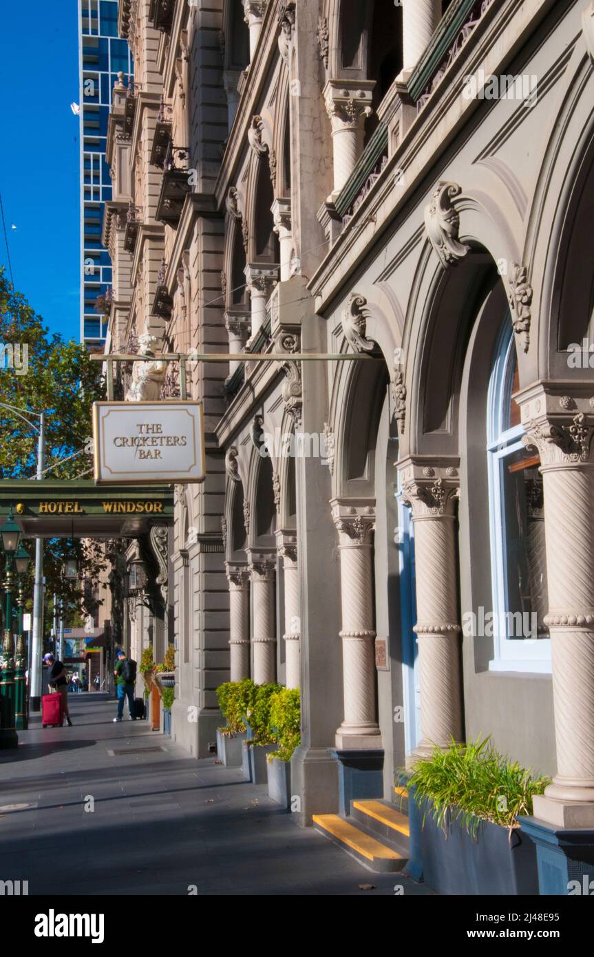 The Windsor Hotel, an 1880s landmark on Spring Street, Melbourne, close by the Princess Theatre, the State Parliament and Treasury Stock Photo