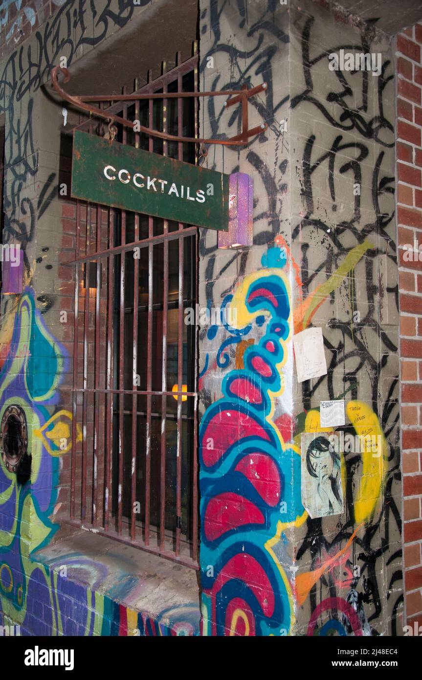 Street art surrounds a cocktail bar in AC/DC Lane, Melbourne, Australia ...