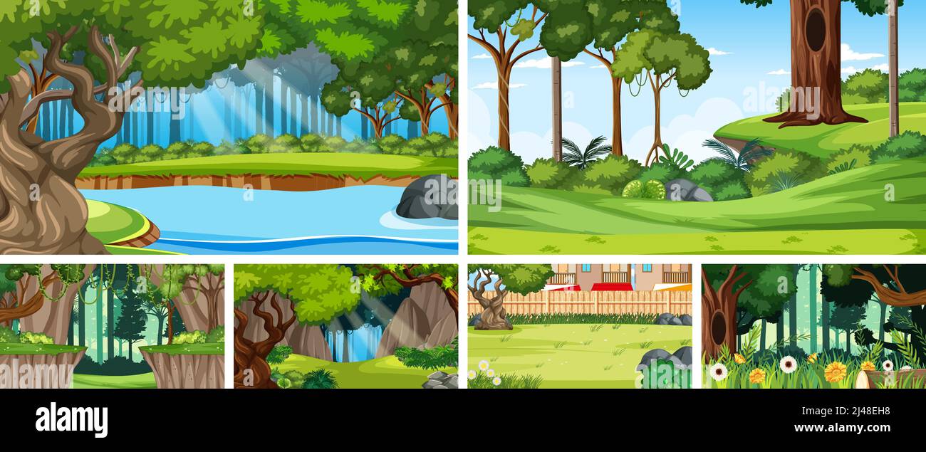 Nature scene with many trees and river illustration Stock Vector Image ...