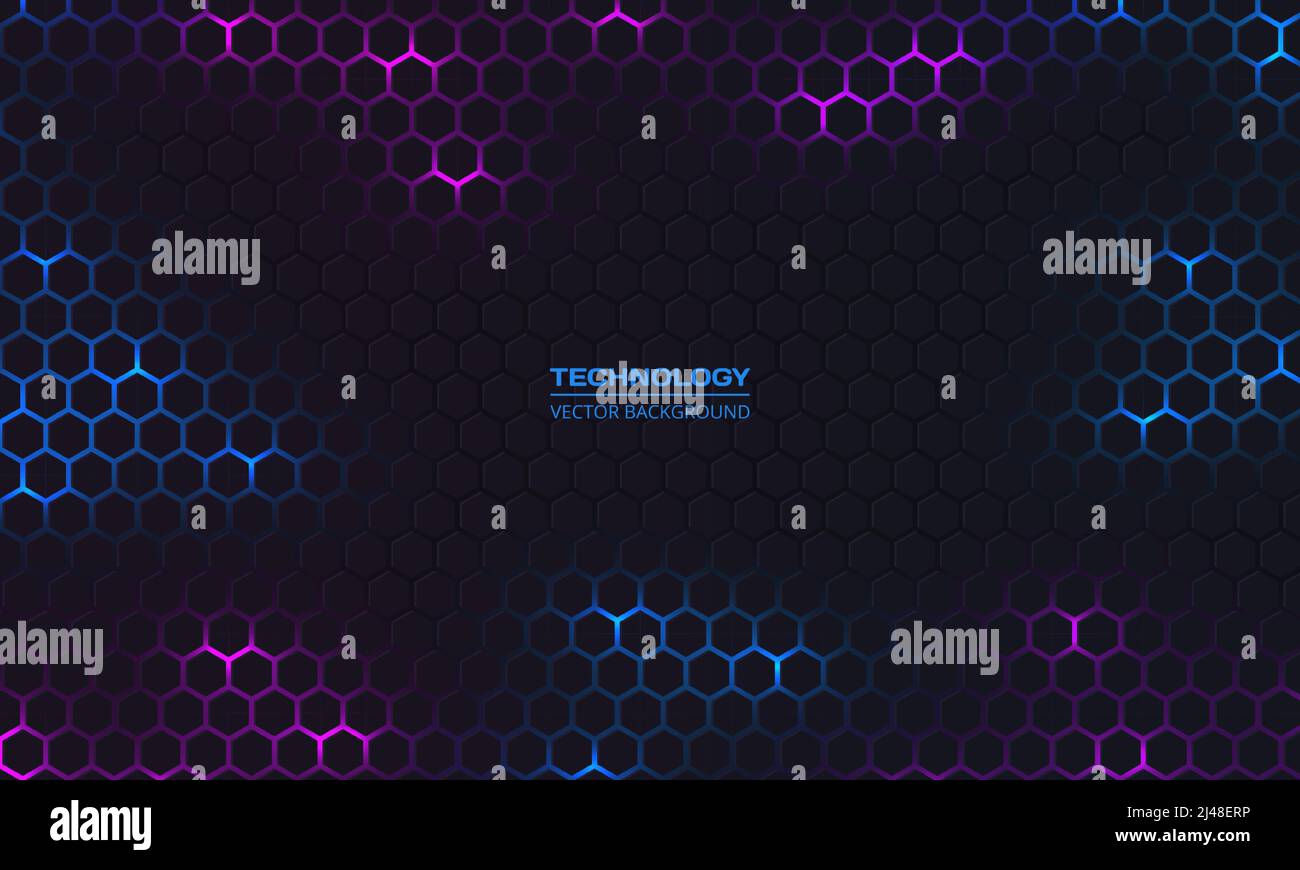 Dark hexagon abstract technology background with blue and purple ...