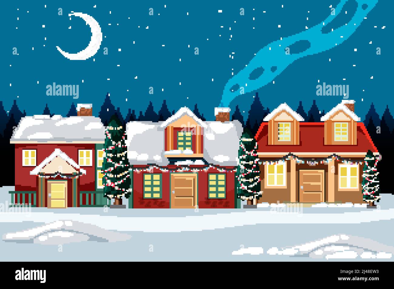 Winter snowy night small village illustration Stock Vector Image & Art ...
