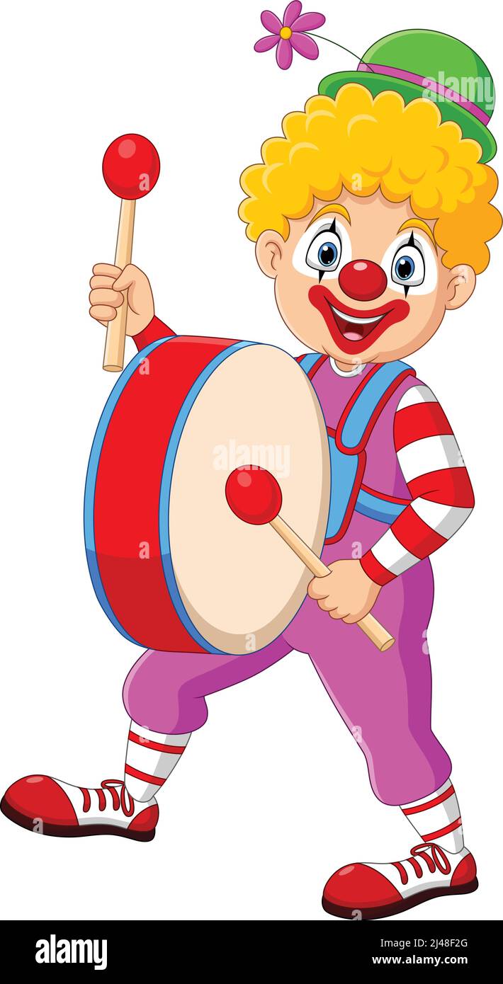 Cartoon happy clown playing the drum Stock Vector