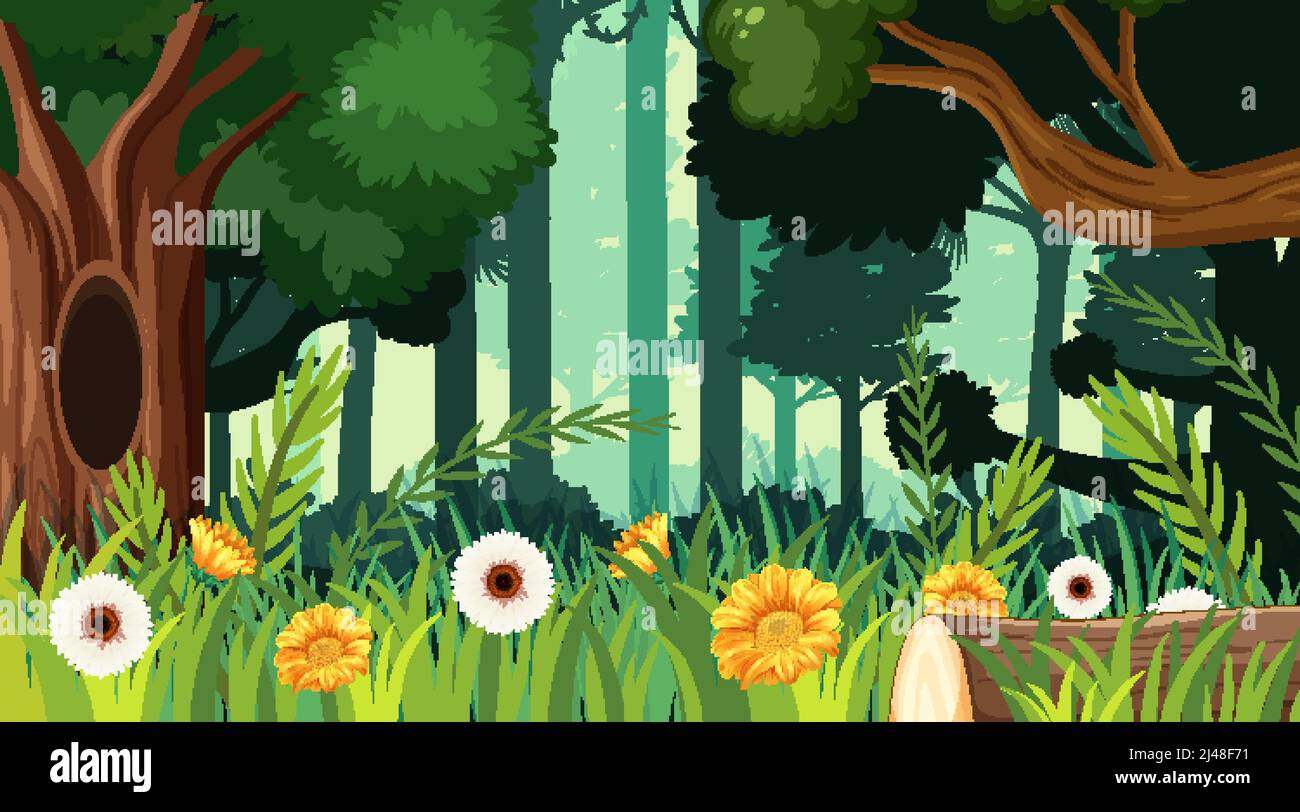 Nature scene with many trees and flowers illustration Stock Vector ...