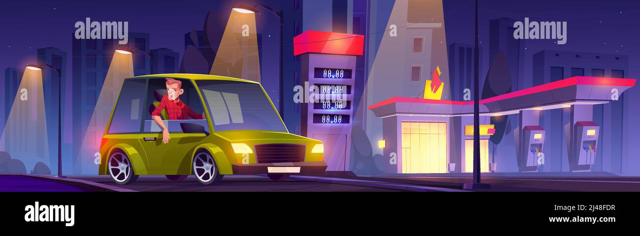 Driver on car refueling station at night, gasoline filling service. Man sitting in automobile near petrol shop building facade, fuel selling for urban vehicles, gas refill, Cartoon vector illustration Stock Vector
