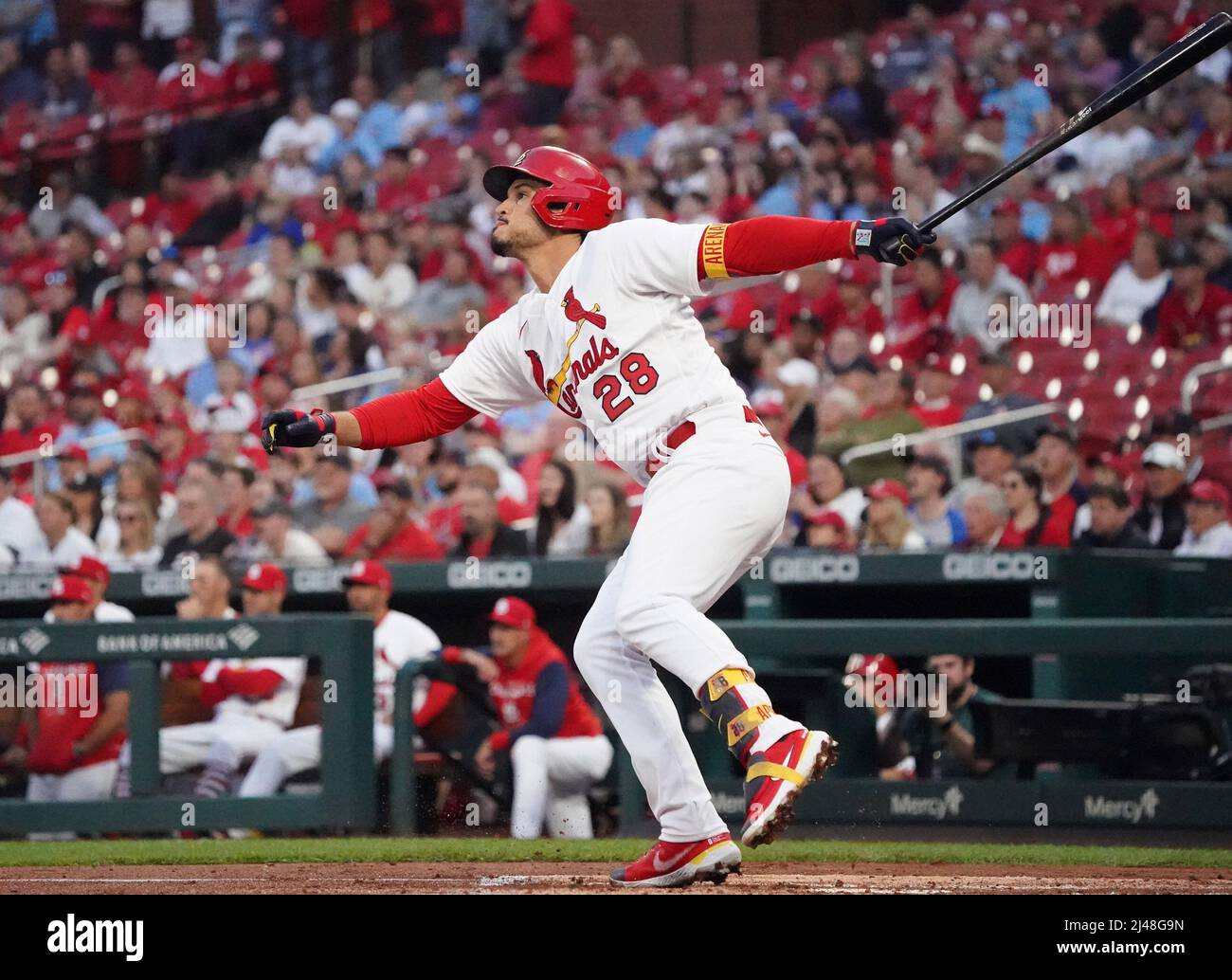 St. Louis Cardinals Nolan Arenado looks skywards after touching home plate,  hitting a two run home run in the third inning against the Washington  Nationals at Busch Stadium in St. Louis on