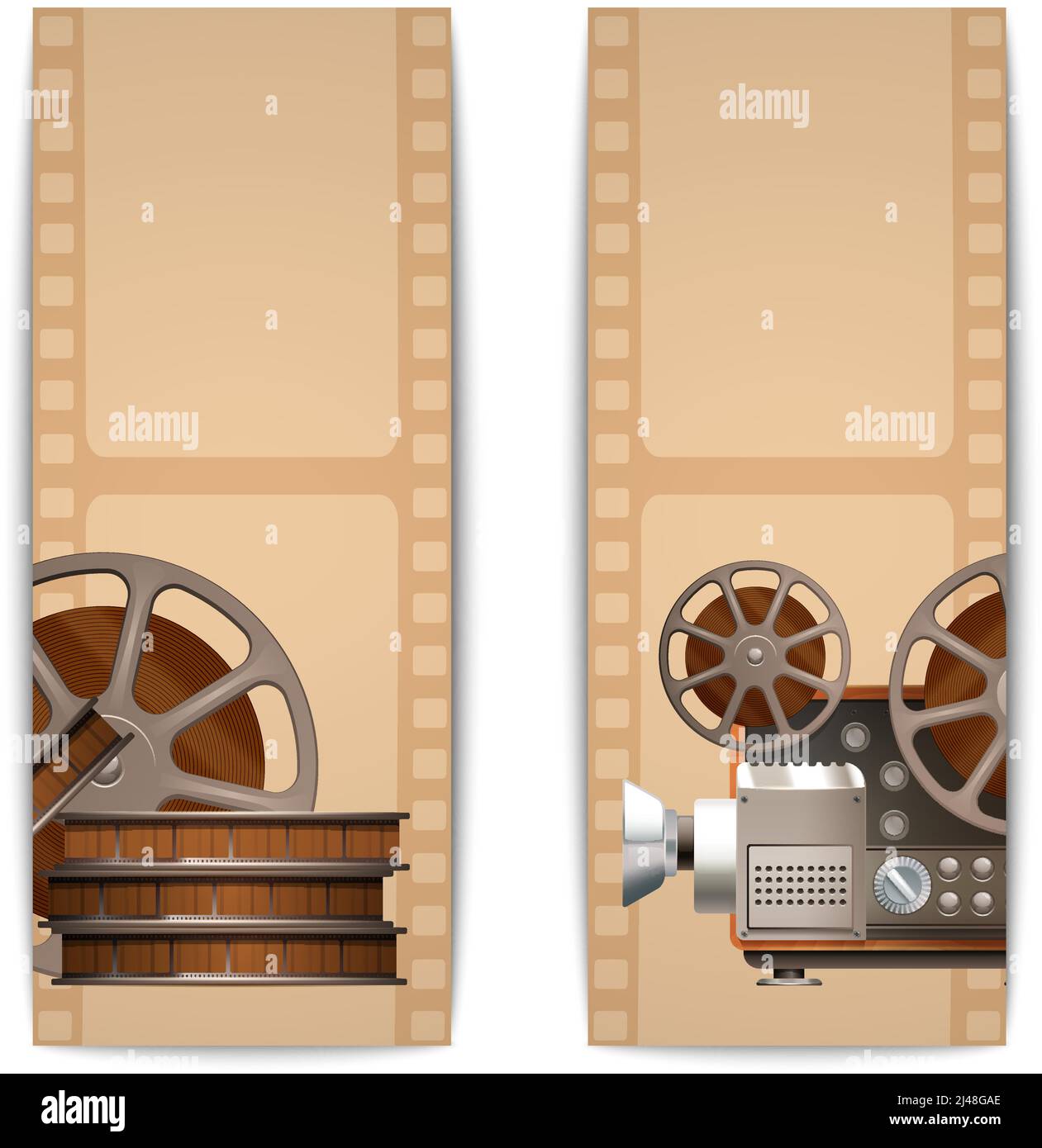 Cinema banners vertical set with realistic retro projector and film reel isolated vector illustration Stock Vector