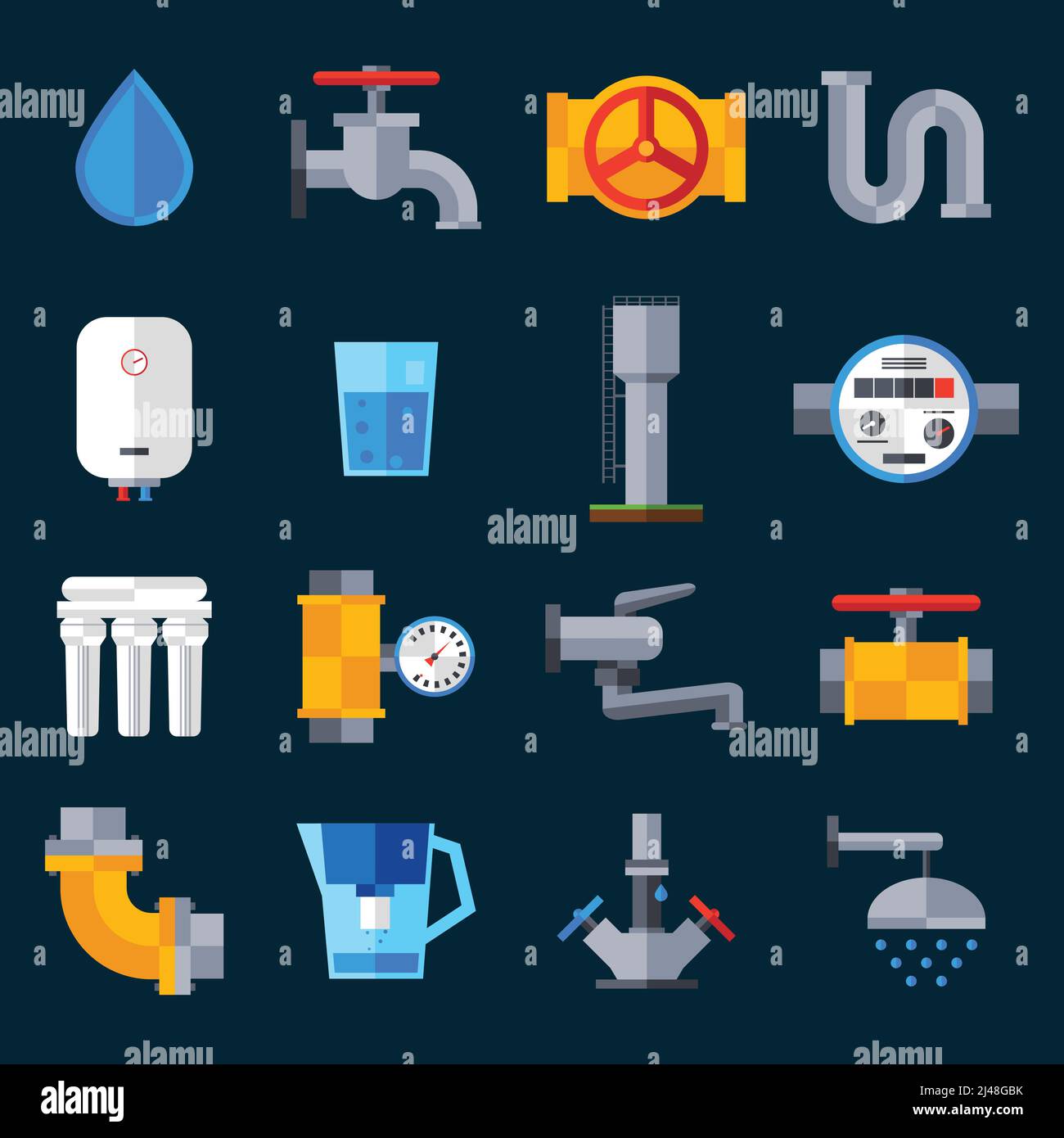 Water supply icons set with bathroom sink and shower equipment isolated