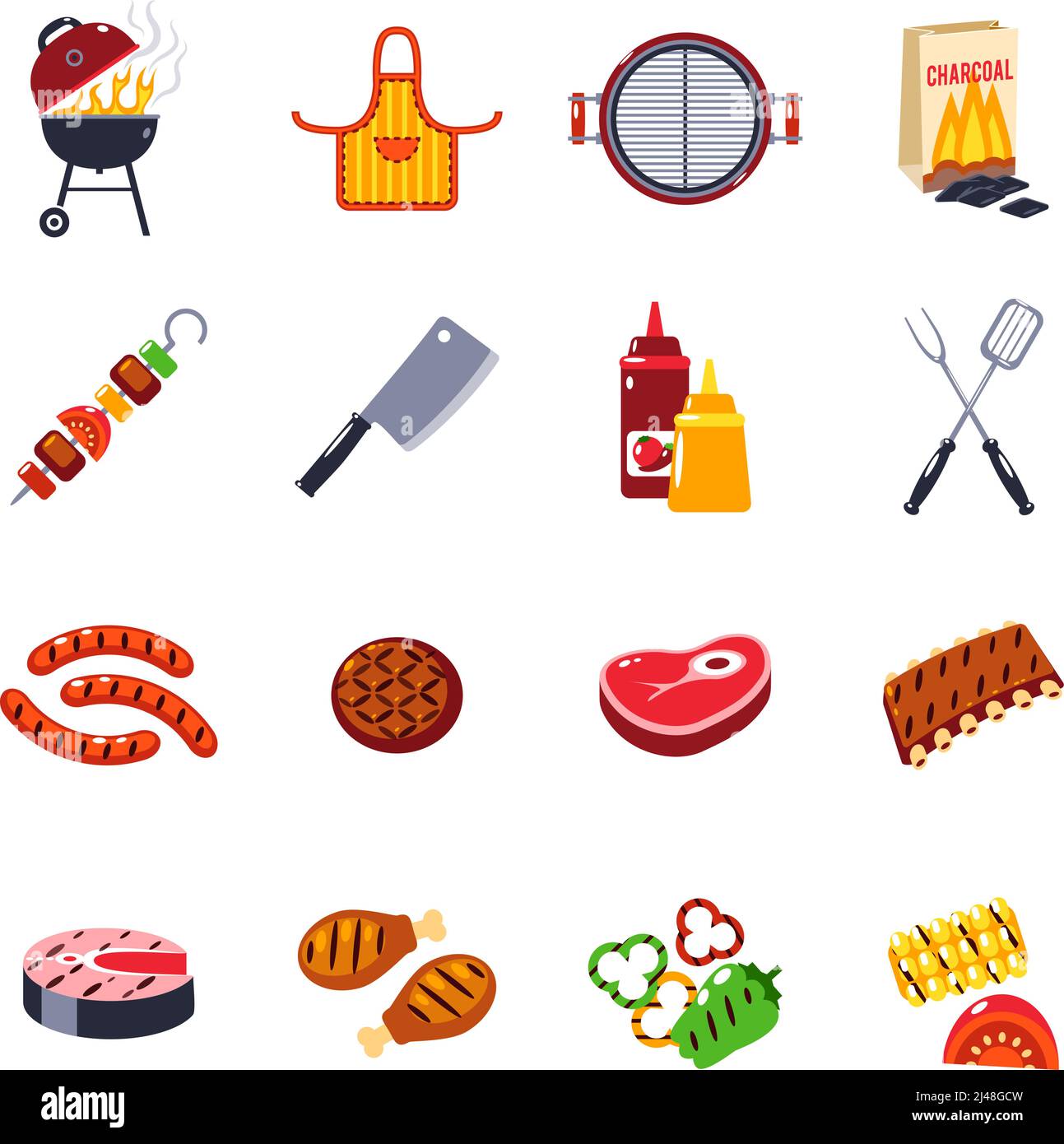 Barbecue and grill icon set with beef and fish steak and kitchen tools ...