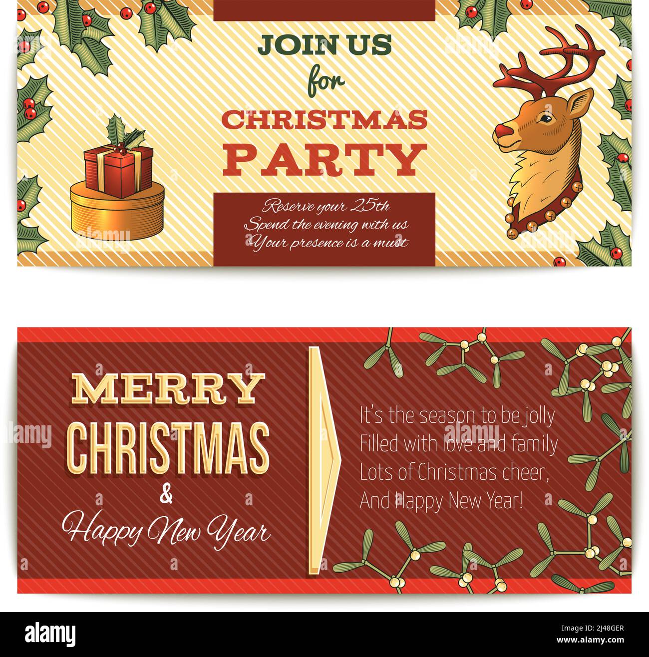 Merry christmas new year holiday horizontal banner set with deer and ...
