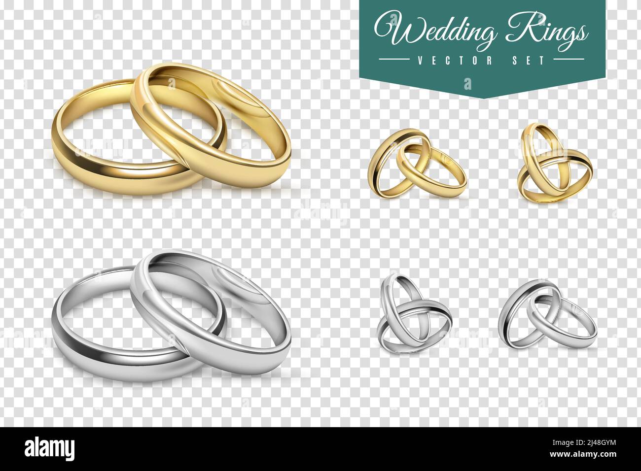 Wedding rings set of gold and silver metal on transparent background ...