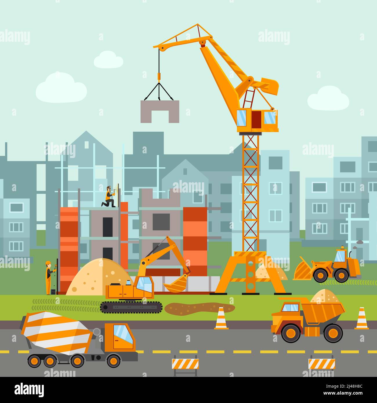 Building work process with houses and construction machines flat vector
