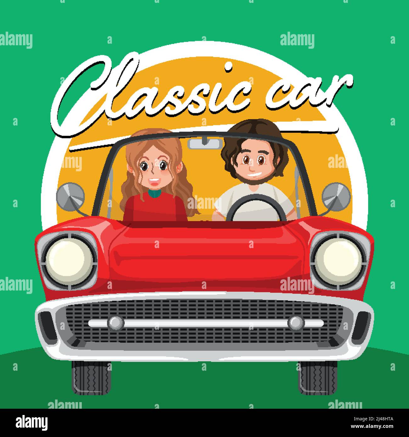 Couple in classic car in cartoon style illustration Stock Vector Image