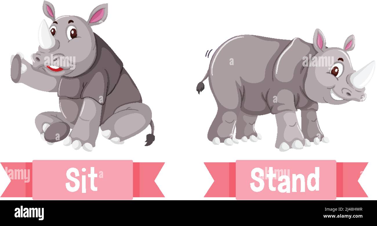 Opposite English Words sit and stand illustration Stock Vector Image