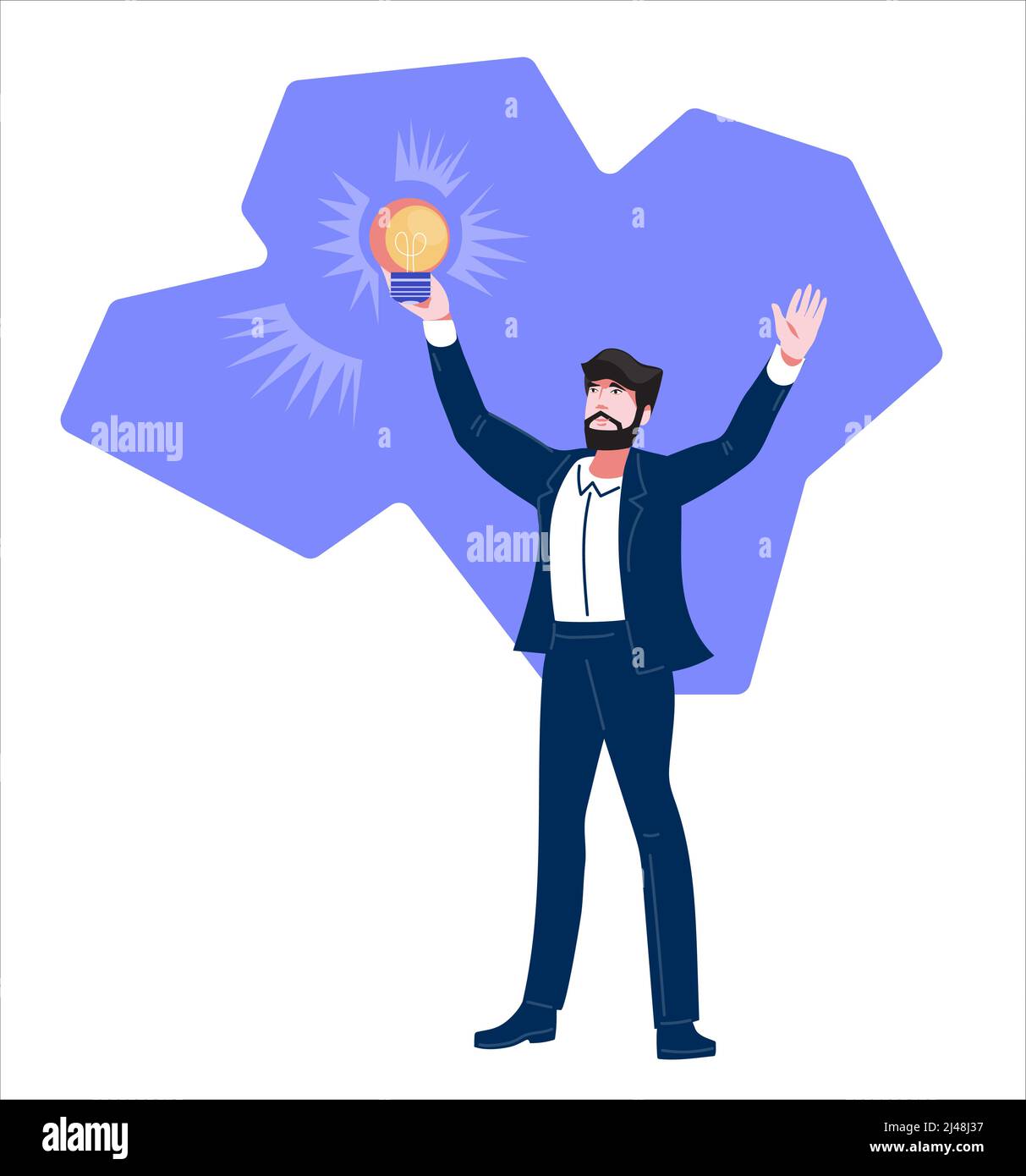 Business idea and innovations. Businessman with light bulb as generating fresh content. Stock Vector