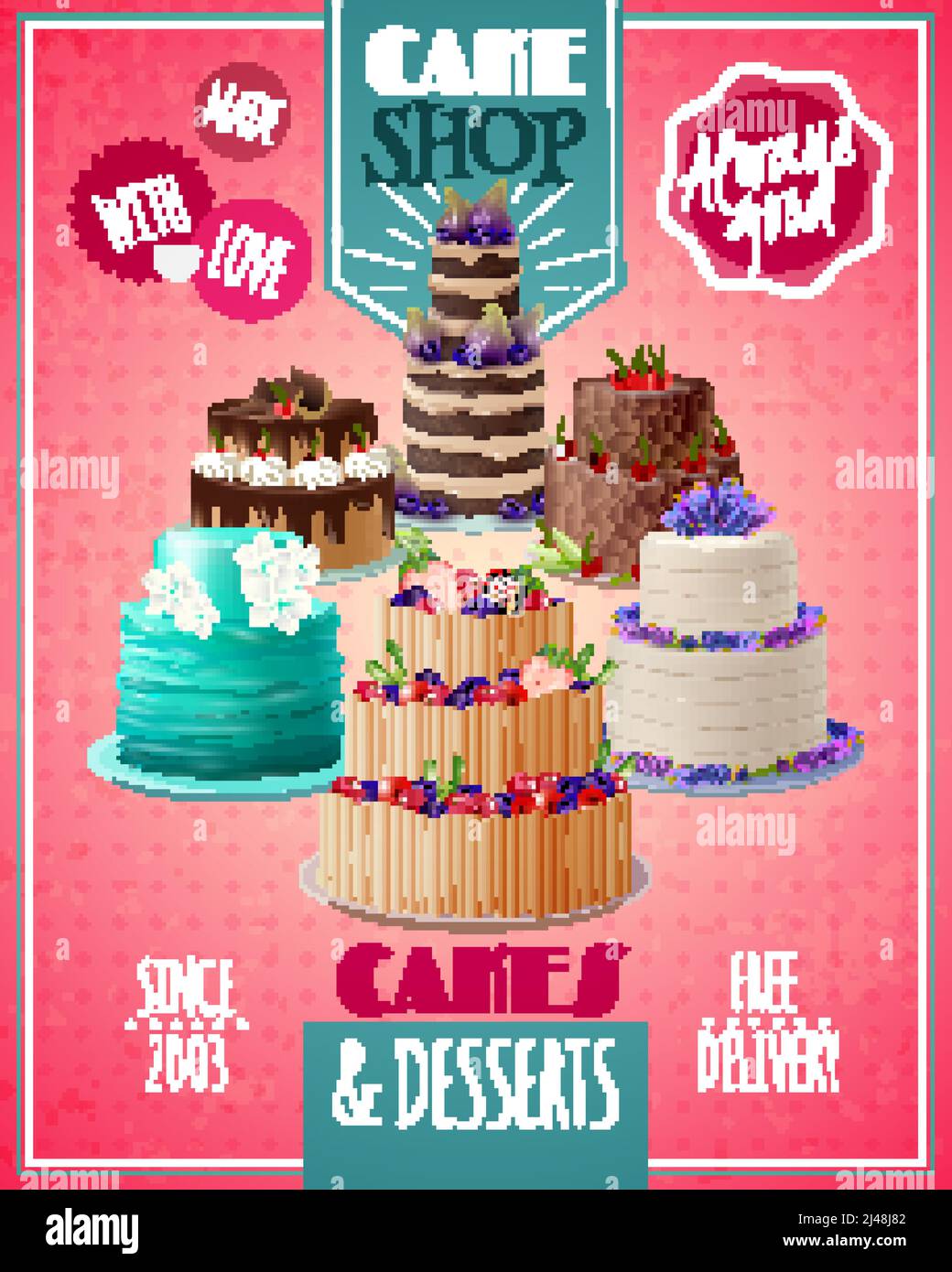Baked cakes cartoon poster with fruit and chocolate cakes vector