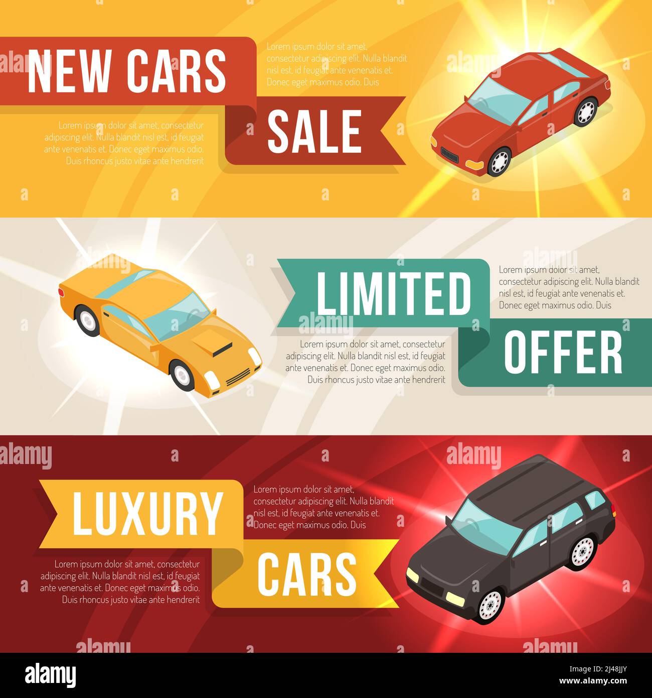 Three colored car dealership leasing horizontal banner set with new cars sale limited offer and luxury cars descriptions and ribbons vector illustrati Stock Vector