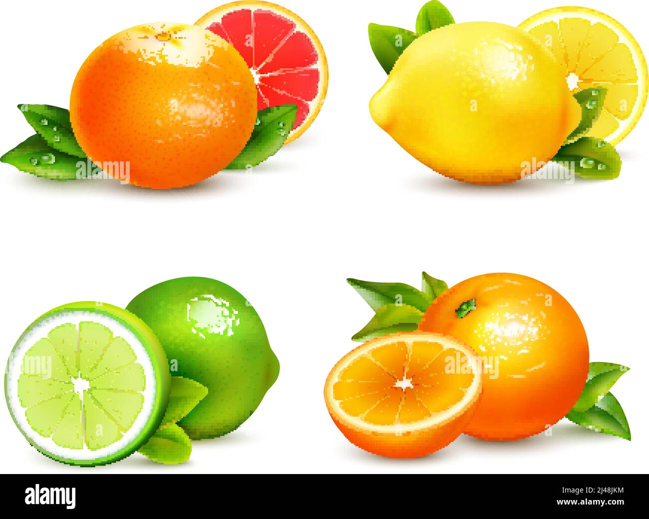 Fresh citrus fruits whole and halves 4 realistic icons square with orange grapefruit lemon isolated vector illustration Stock Vector