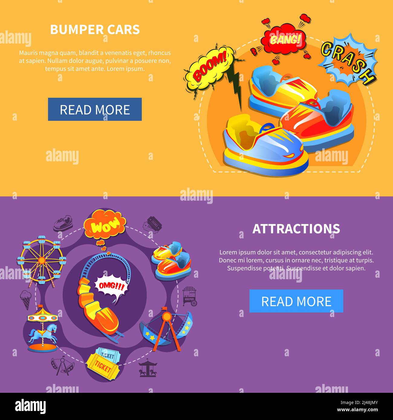 Bumper cars and attractions horizontal banners website design abstract isolated vector illustration Stock Vector