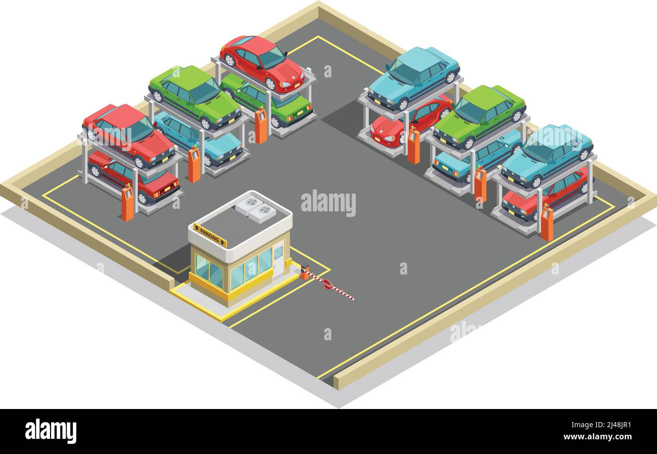 Automatic parking isometric concept with colorful cars positioning in two lines and stages vector illustration Stock Vector