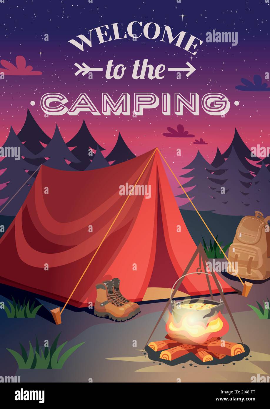 Camping vertical background poster with cartoon style composition shelter tent campfire at the set of sun vector illustration Stock Vector