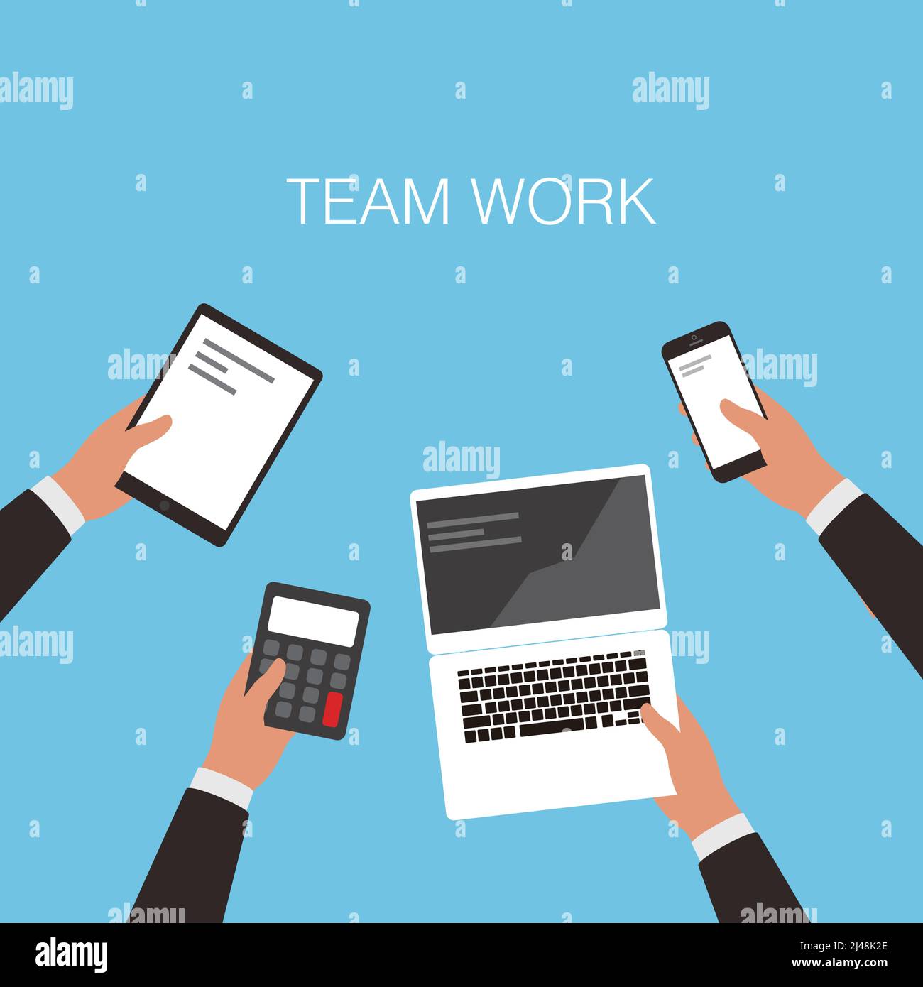 Business teamwork concept, hands holding computer, calculator, smartphone, pad Stock Vector