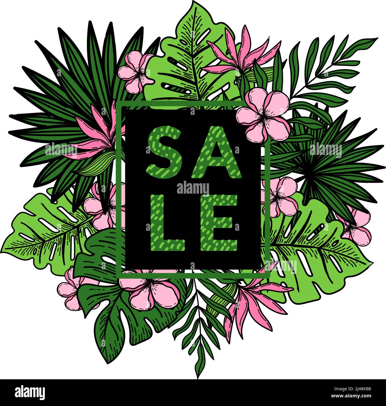 Sales banner, discount, palm leaf poster, jungle leaf, exotic flowers