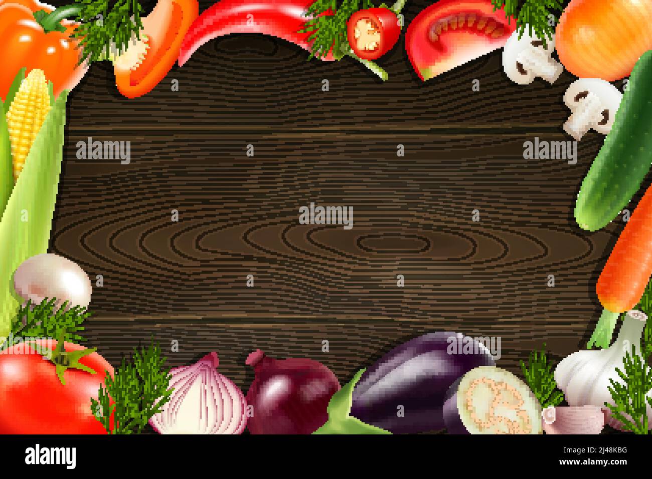 Brown wooden background with frame composed from colorful whole and ...