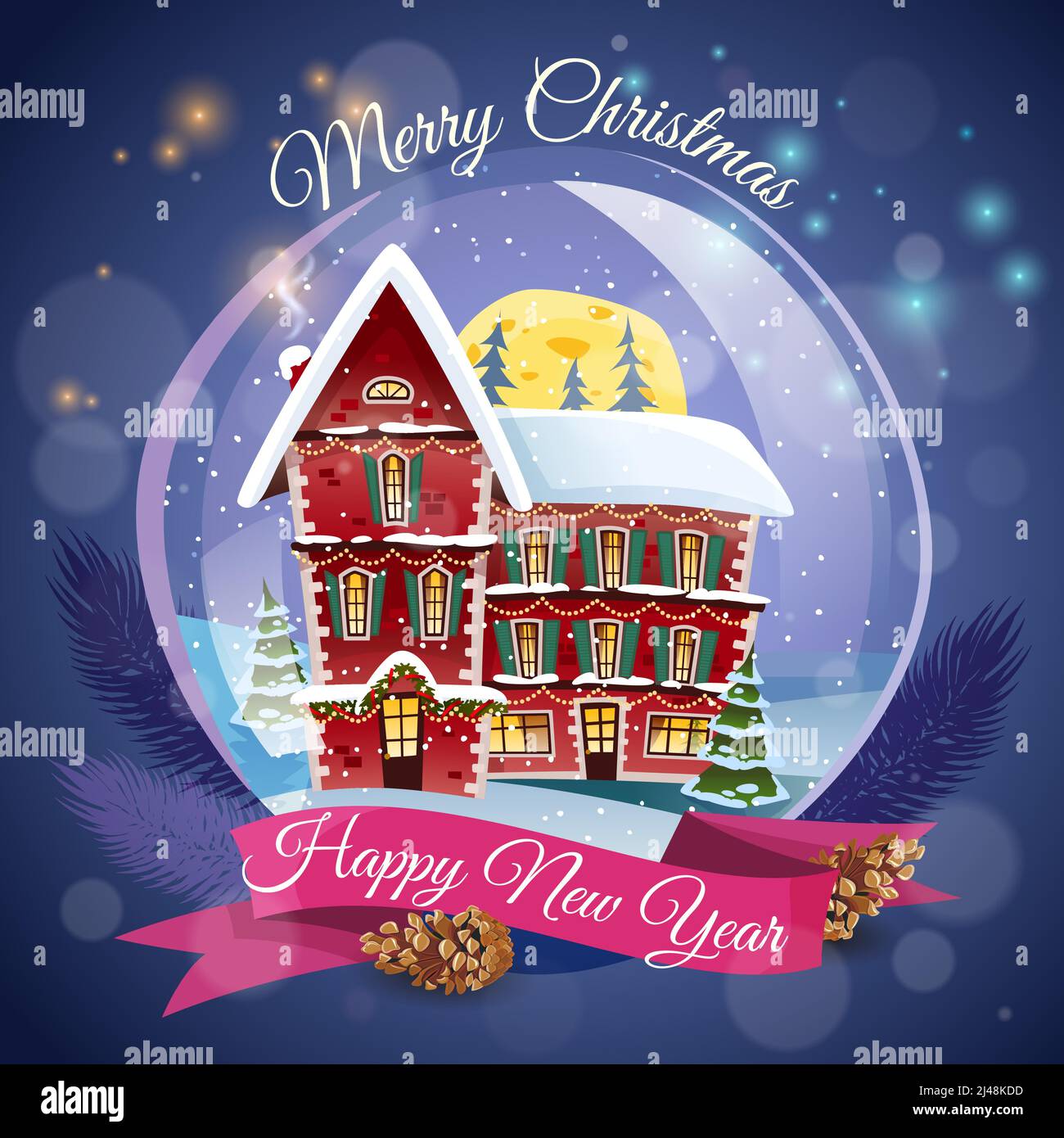 Christmas greeting card  with magic house at night lights background and happy new year wishing flat vector illustration Stock Vector