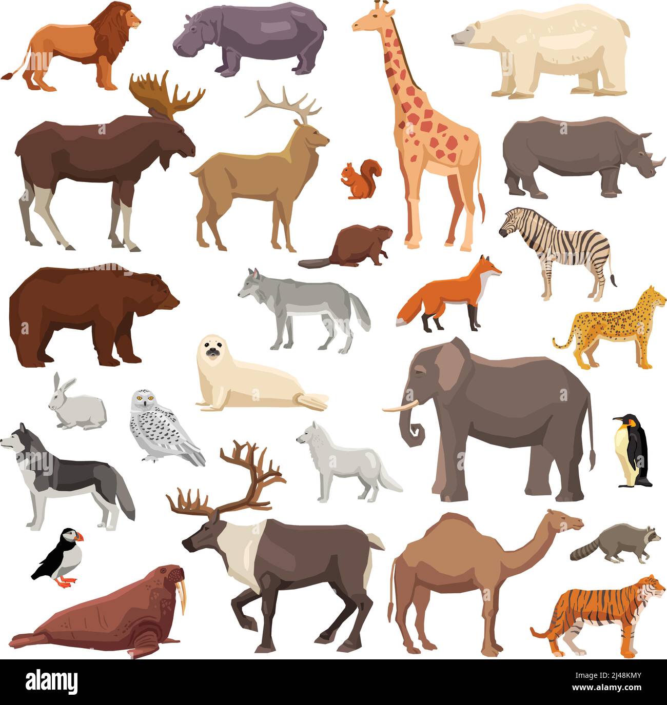 Big flat set of wild animals and birds living in various climatic zones isolated on white background vector illustration Stock Vector
