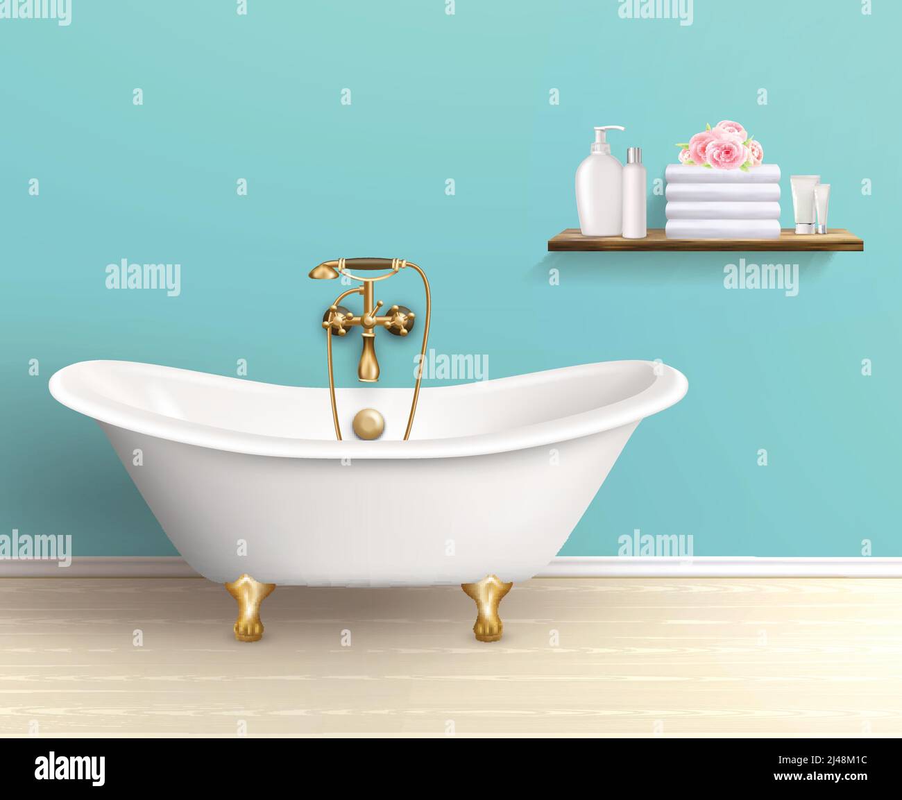 Bathroom interior poster or promo flyer bathtub in the house with blue walls shelf with bath accessories vector illustration Stock Vector