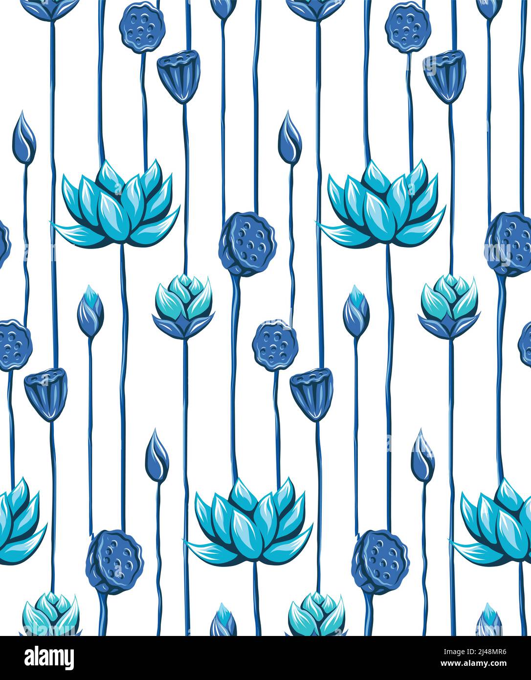 Seamless vector pattern with blue lotuses and stems. Botanical texture with buds and flowers on a white background. Fabric swatch with water lilies Stock Vector
