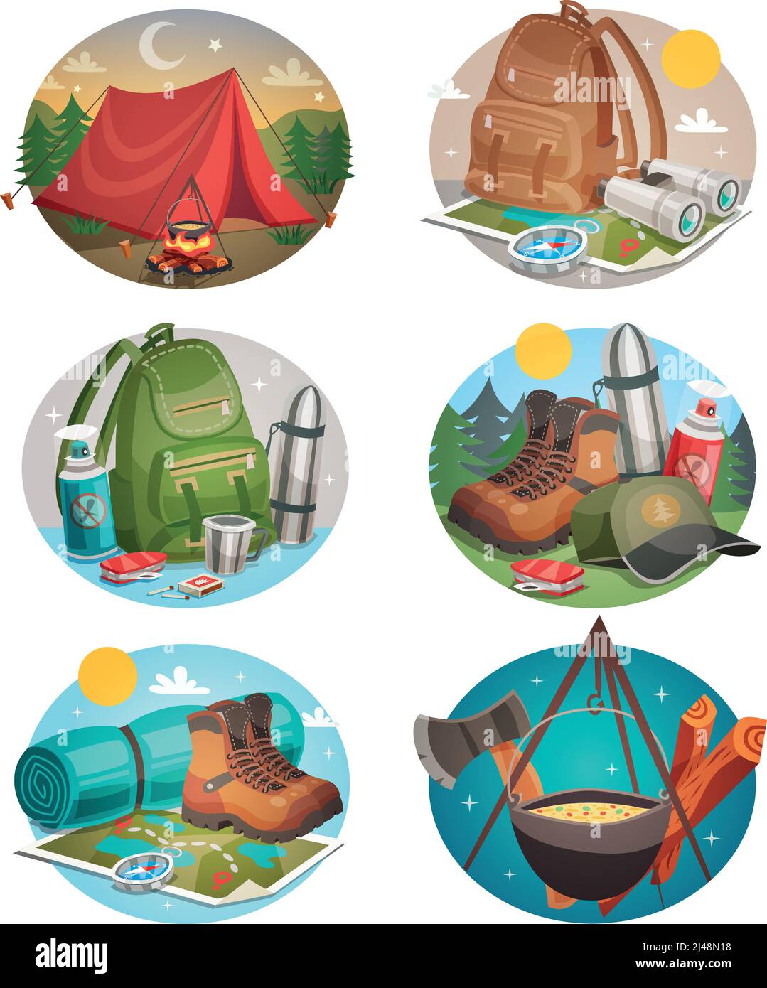 https://c8.alamy.com/comp/2J48N18/camping-set-of-round-compositions-with-tent-bonfire-backpack-and-boots-compass-and-map-isolated-vector-illustration-2J48N18.jpg