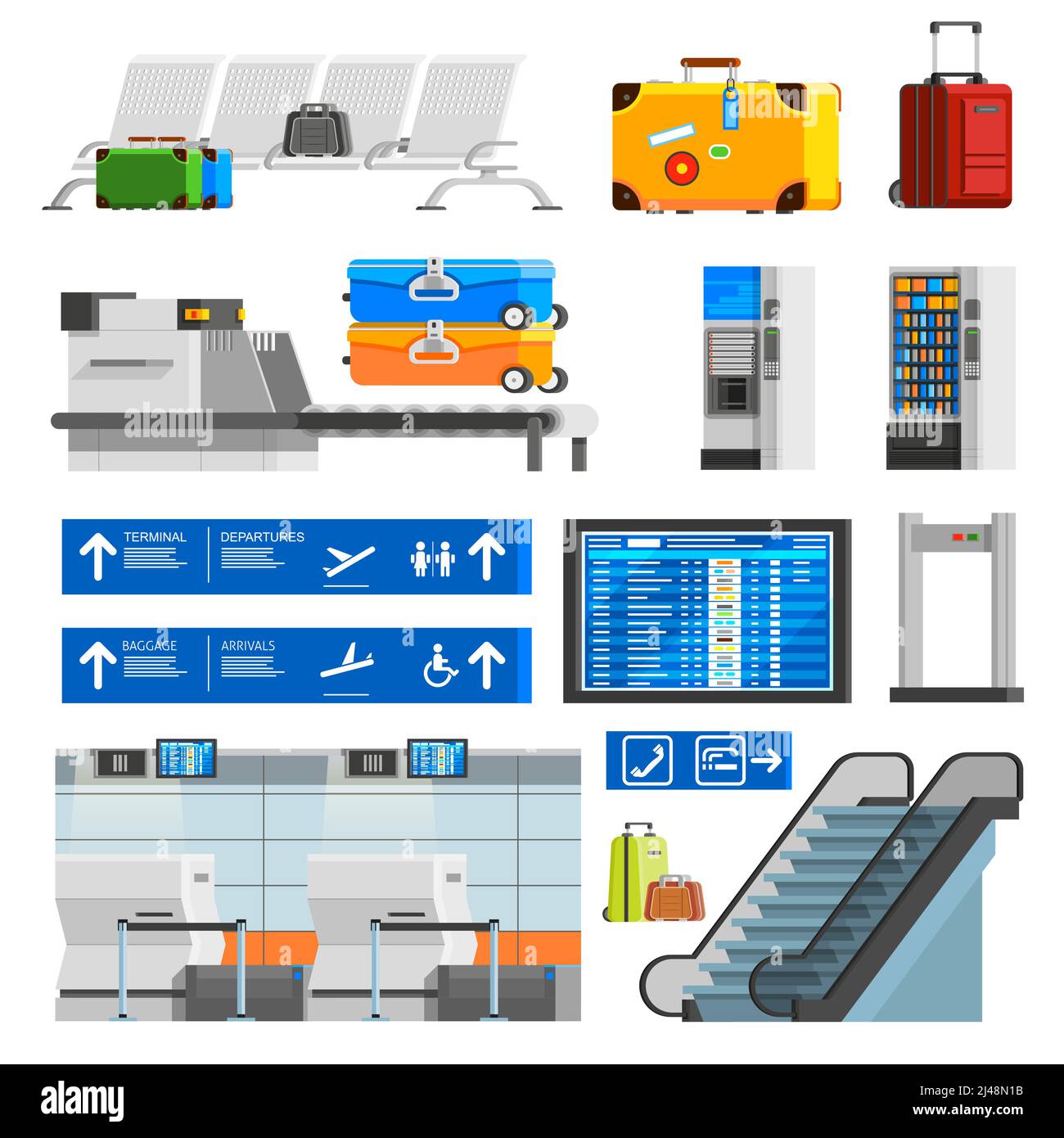 Airport interior flat color decorative icons set with portmanteaus suitcases checkpoint schedule scoreboard escalator isolated vector illustration Stock Vector