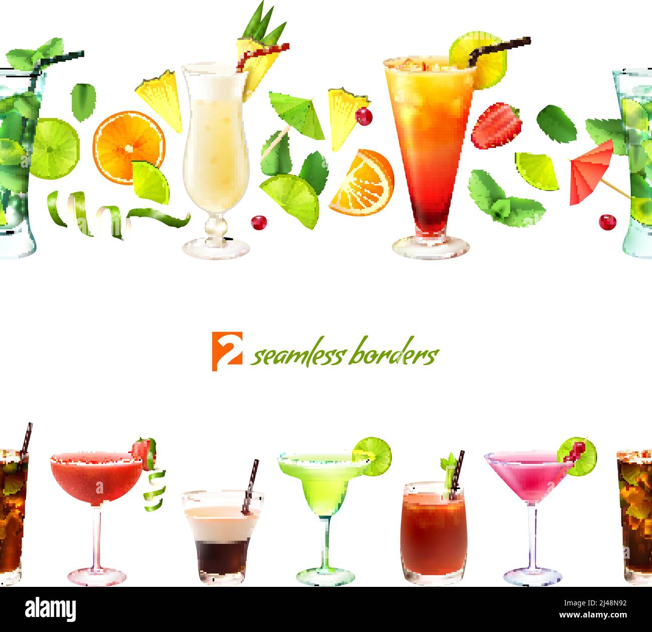 Cocktail seamless border with drinks in glasses and decoration vector illustration Stock Vector