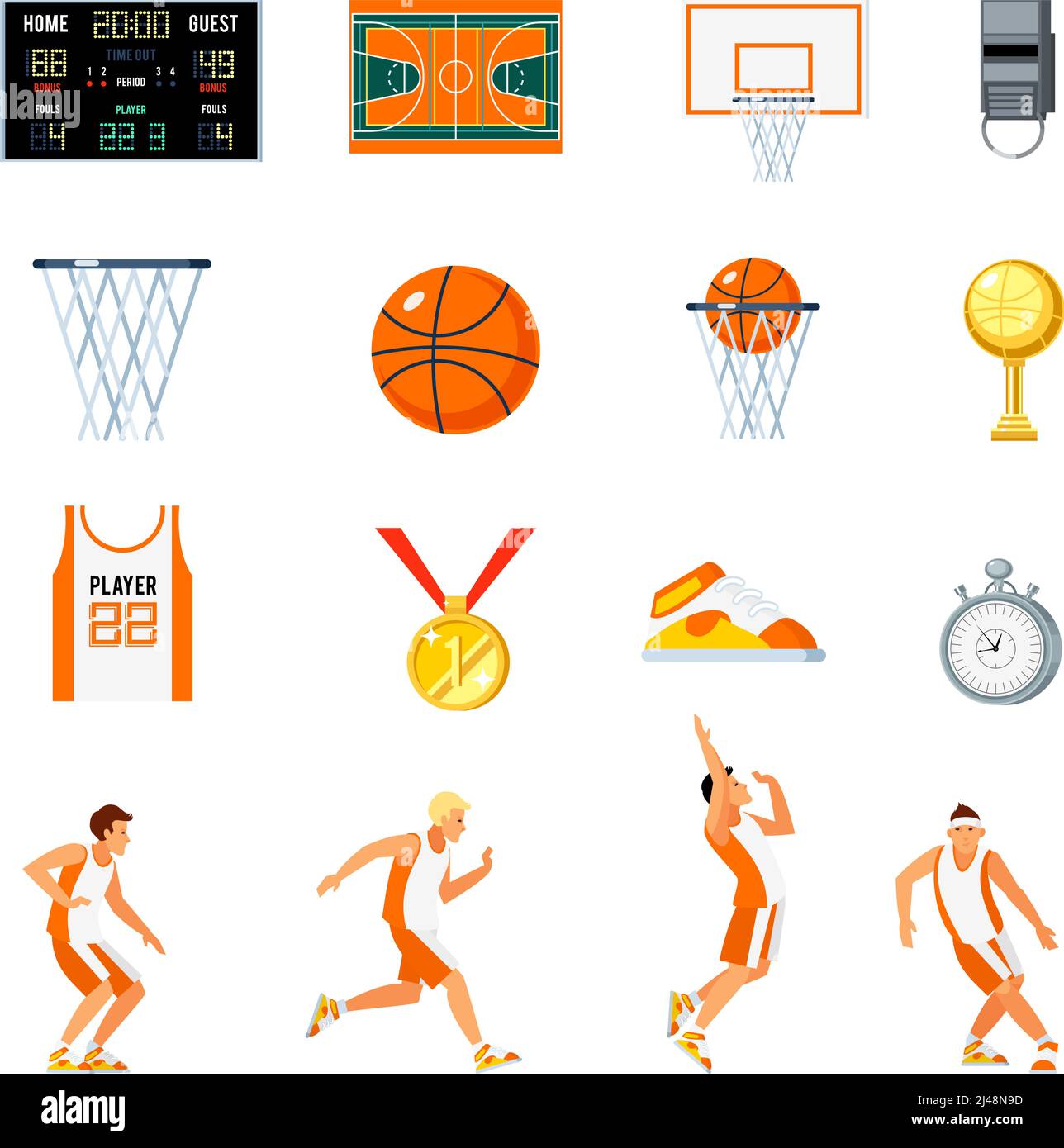 Basketball orthogonal icons set with players trophies whistle stopwatch backboard court and sports uniform isolated vector illustration Stock Vector