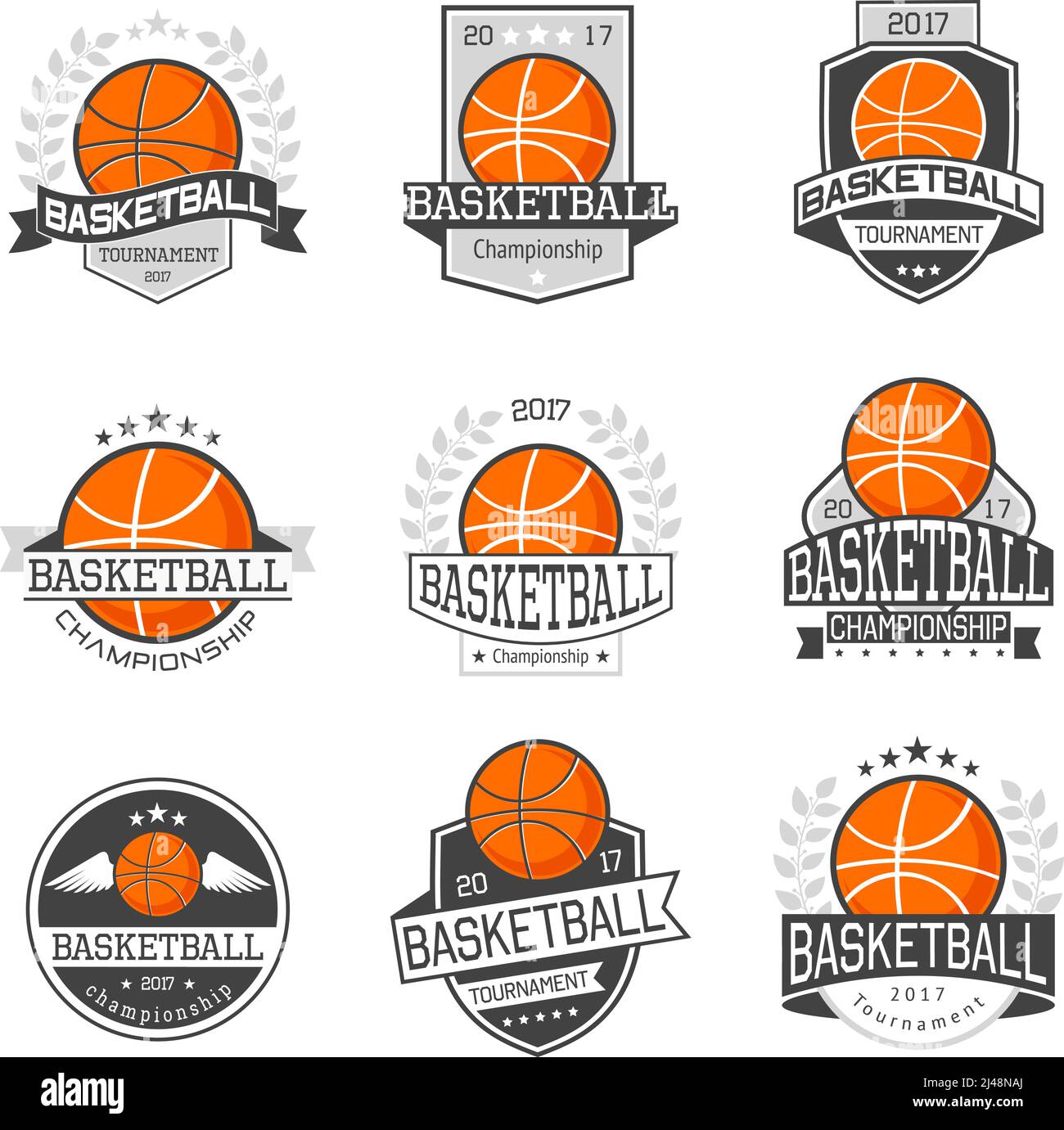 Set of emblems basketball competitions in orange grey colors with ball wreath ribbon star isolated vector illustration Stock Vector