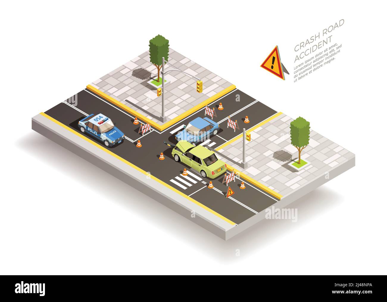 Crash road accident isometric composition with two broken cars after collision with traffic cones and signs vector illustration Stock Vector