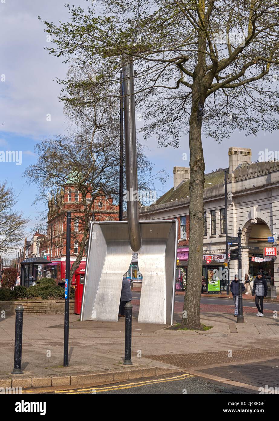 Large stainless steel spade street art in Burton upon Trent, UK Stock