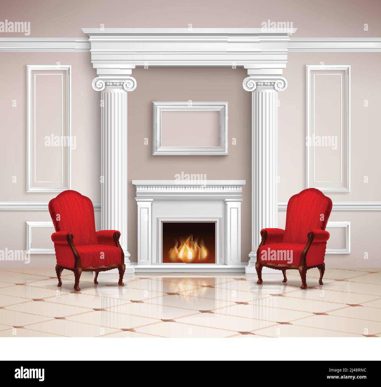 Realistic classic interior design with fireplace, moldings, columns and ...