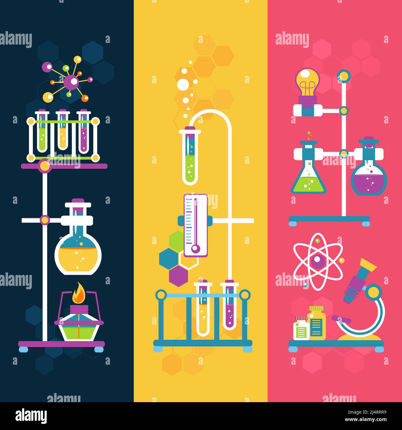 Chemistry decorative vertical banners set with laboratory flasks tubes isolated vector illustration Stock Vector