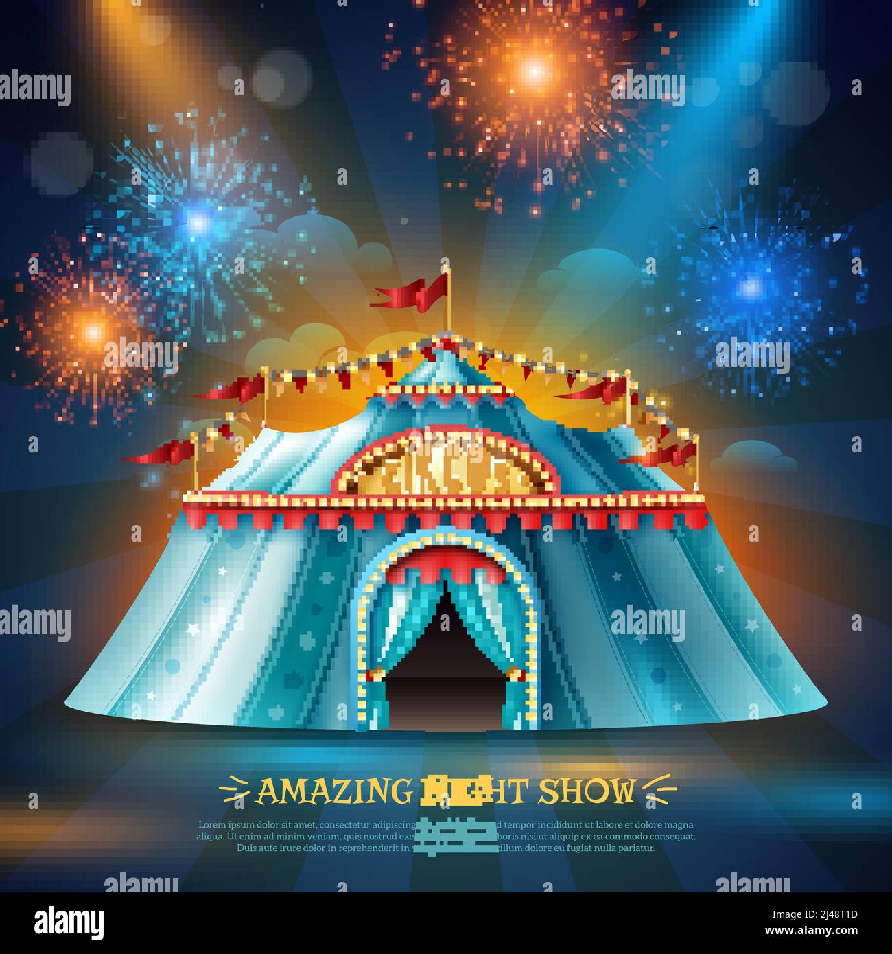 Travel circus tent at night in colorful light beams and firework dark blue background poster vector illustration Stock Vector