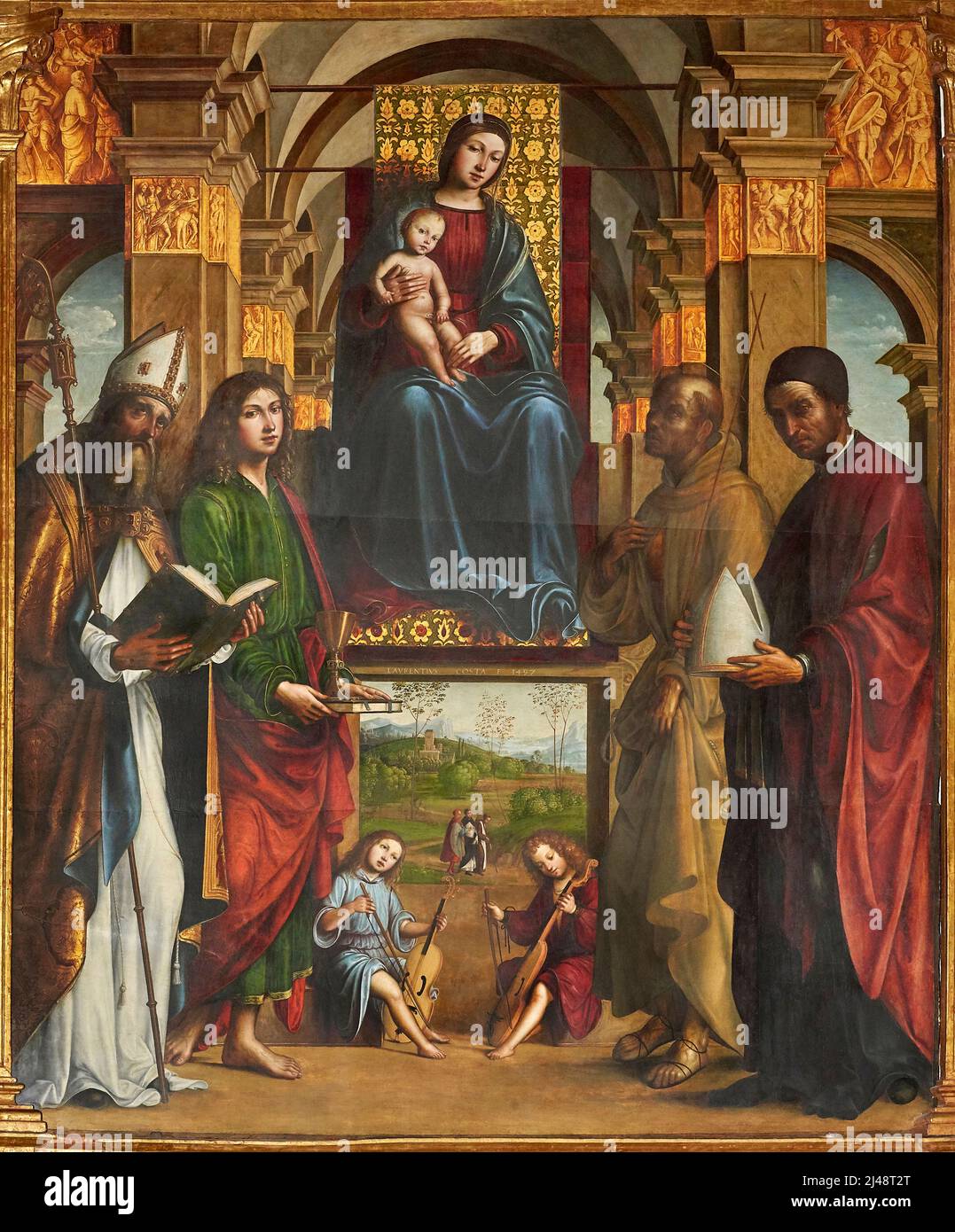 Madonna col Bambino in trono con S. Agostino,S Giovanni Evangelista S.Posidonio e S. Francesco d’ Assisi  - olio su tavola - Lorenzo Costa - 1497 - Bo Stock Photo